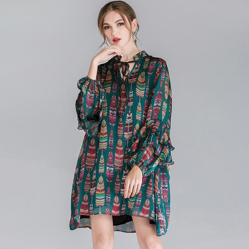 Plus Size Ruffle Sleeve Lacing Printing Long Sleeve Dress