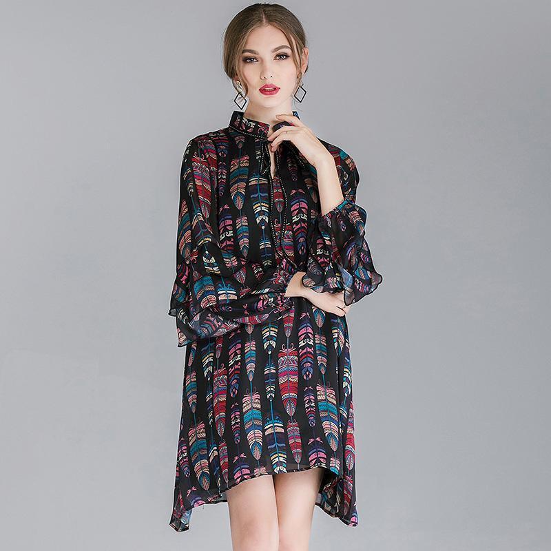 Plus Size Ruffle Sleeve Lacing Printing Long Sleeve Dress