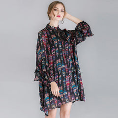 Plus Size Ruffle Sleeve Lacing Printing Long Sleeve Dress