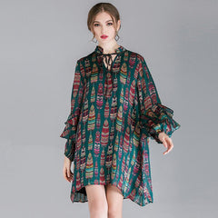 Plus Size Ruffle Sleeve Lacing Printing Long Sleeve Dress