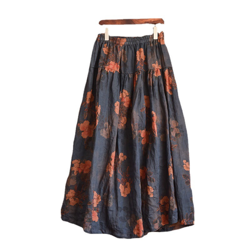 Plus Size Spring Summer Retro Floral Linen Skirt