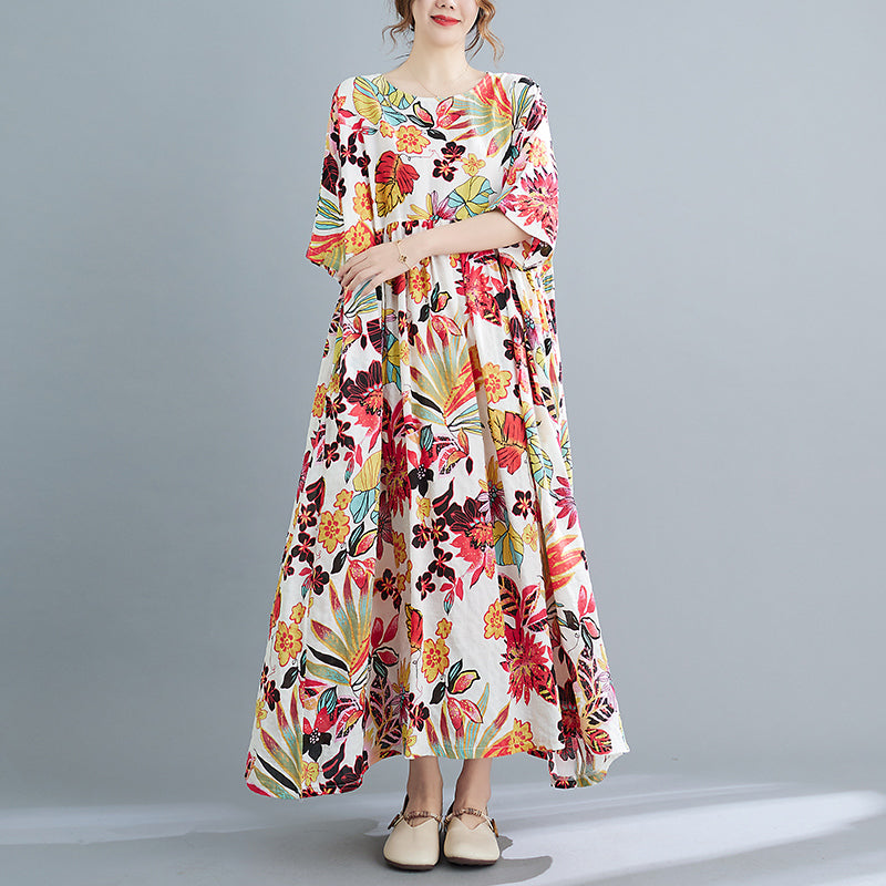 Plus Size Frühling Sommer Retro Blumen Kurzarm Baumwollkleid