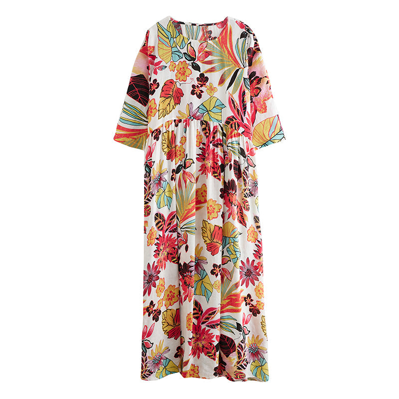 Plus Size Frühling Sommer Retro Blumen Kurzarm Baumwollkleid