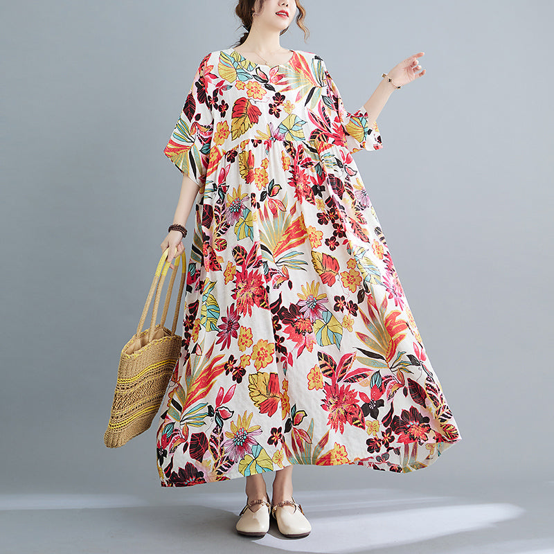 Plus Size Frühling Sommer Retro Blumen Kurzarm Baumwollkleid