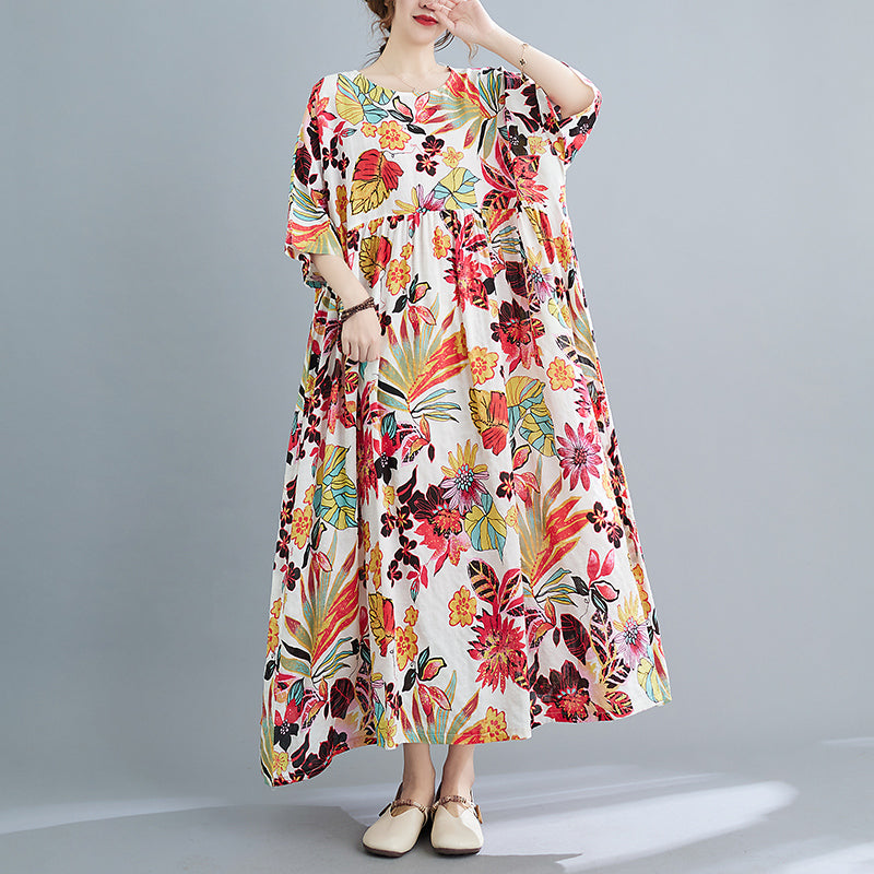 Plus Size Frühling Sommer Retro Blumen Kurzarm Baumwollkleid