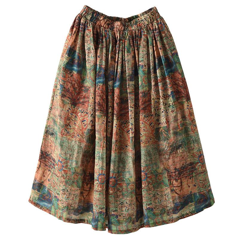 Plus Size Summer Floral Print Loose Linen Skirt