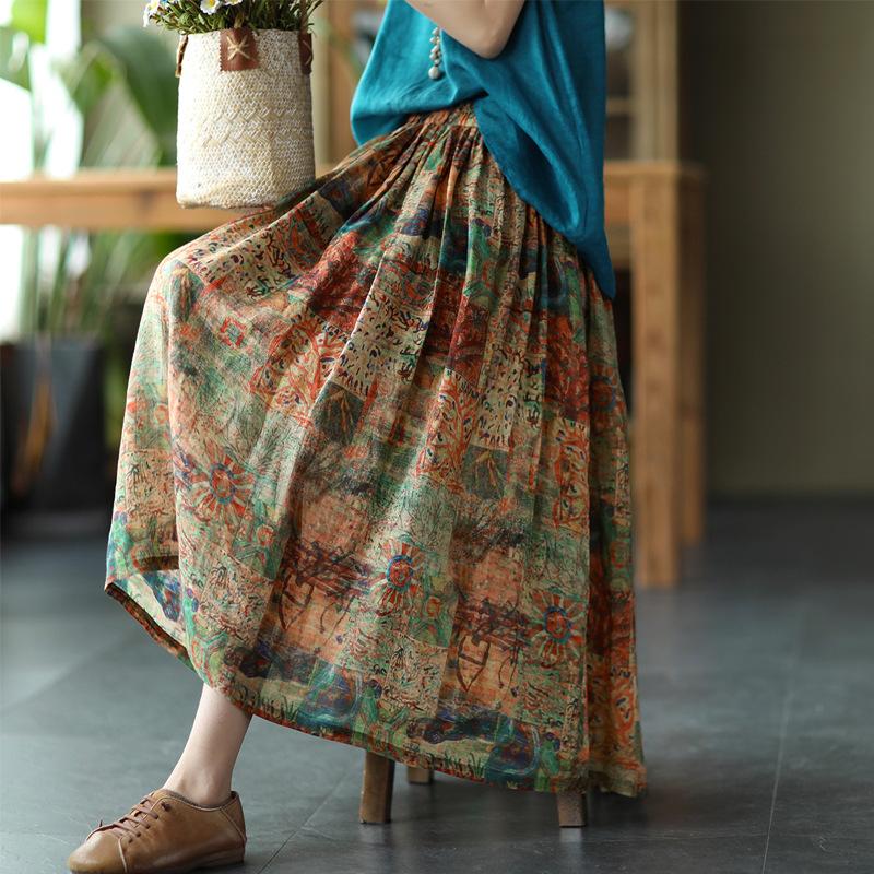 Plus Size Summer Floral Print Loose Linen Skirt