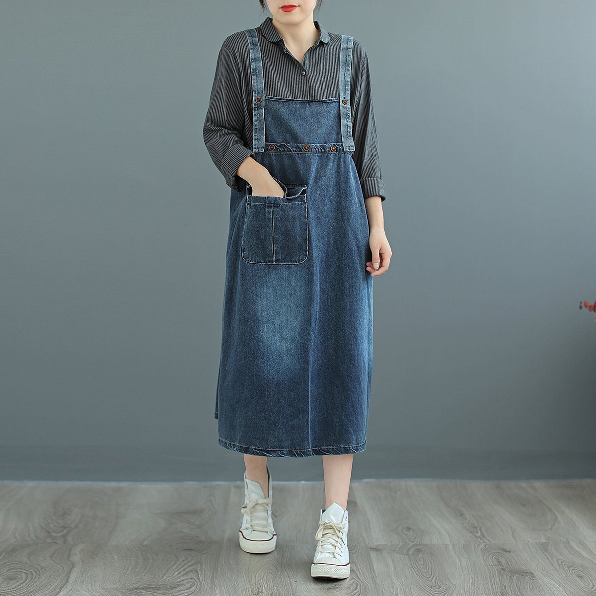 Plus Size Suspender Pocked Loose Denim Strap Dress