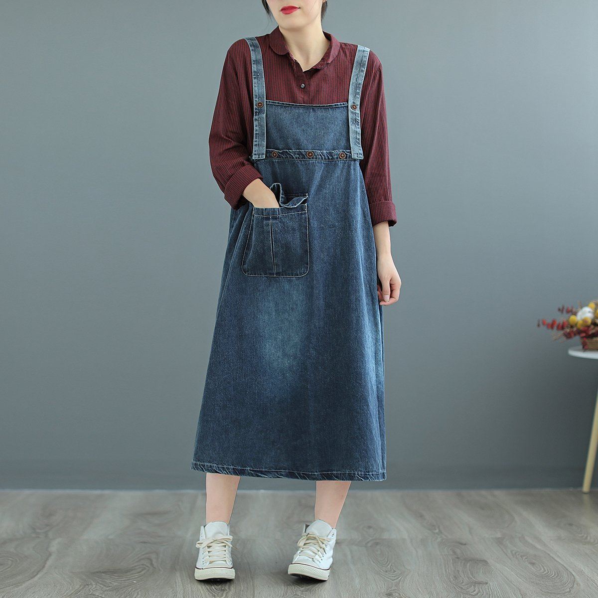 Plus Size Suspender Pocked Loose Denim Strap Dress