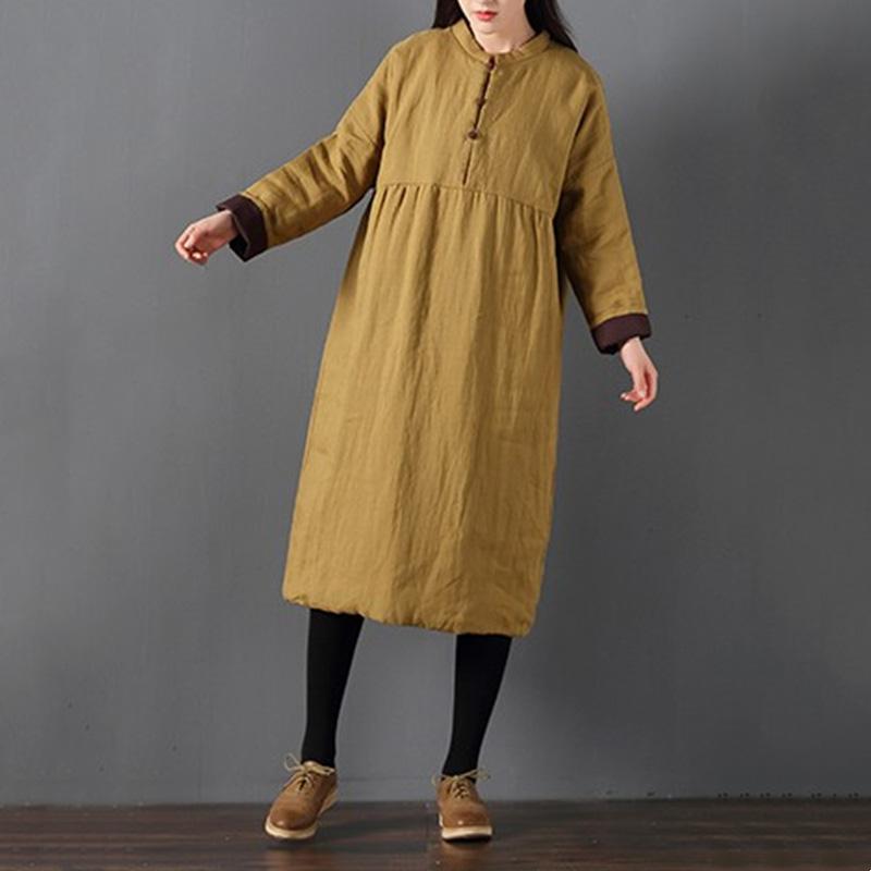 Plus Size Winter Retro Loose Cotton Padded Linen Dress