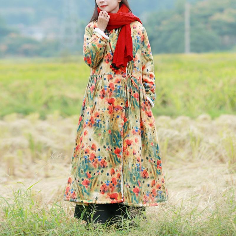 Plus Size Winter Thick Fur Retro FLoral Printed Linen Dress