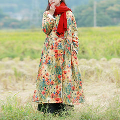 Plus Size Winter Thick Fur Retro FLoral Printed Linen Dress