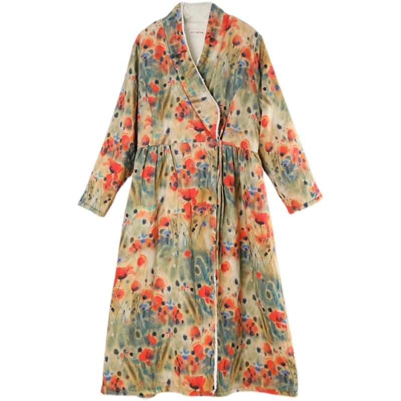 Plus Size Winter Thick Fur Retro FLoral Printed Linen Dress