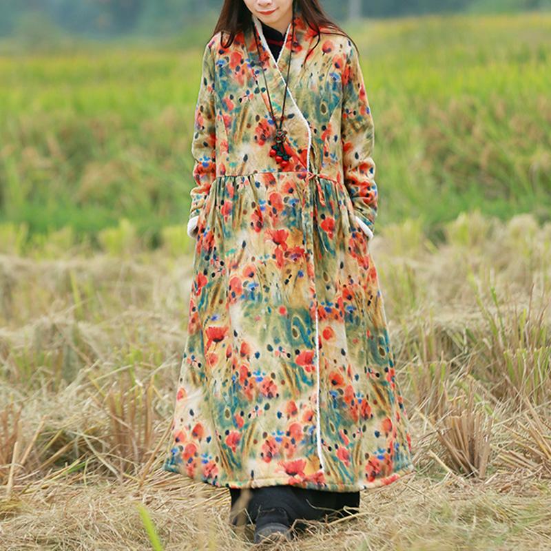 Plus Size Winter Thick Fur Retro FLoral Printed Linen Dress