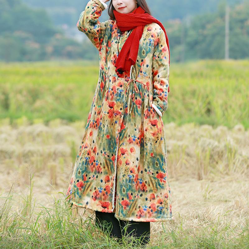 Plus Size Winter Thick Fur Retro FLoral Printed Linen Dress