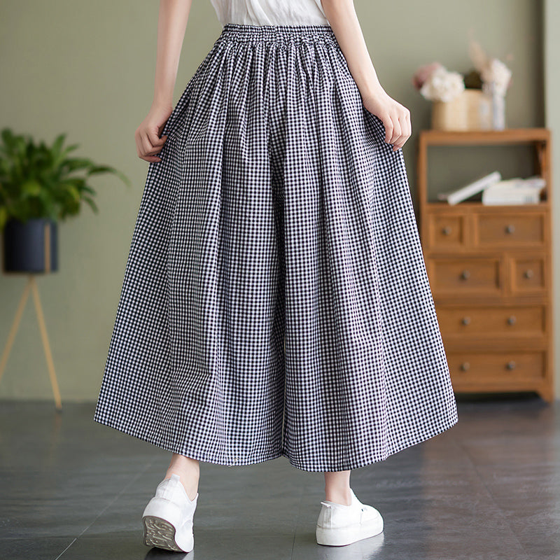 Plus Size Women Loose Cotton Plaid Wide Leg Pants