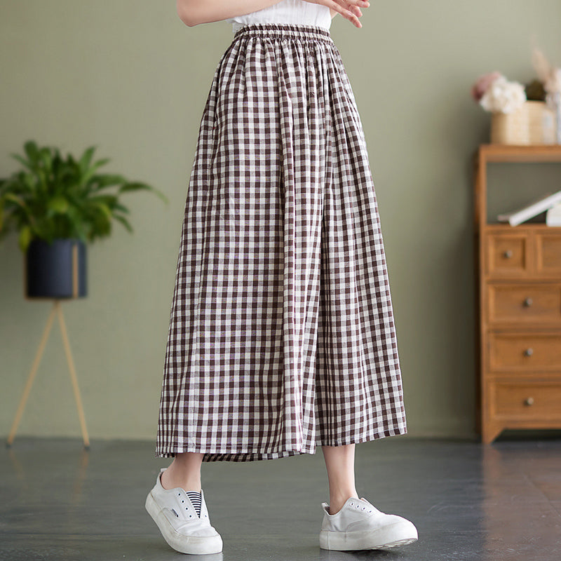 Plus Size Women Loose Cotton Plaid Wide Leg Pants