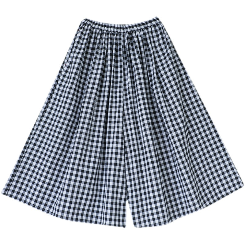 Plus Size Women Loose Cotton Plaid Wide Leg Pants