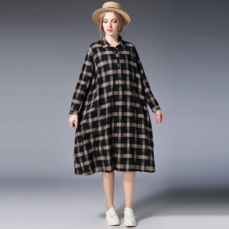 Plus Size Women Plaid Shirt Long Sleeve Dress