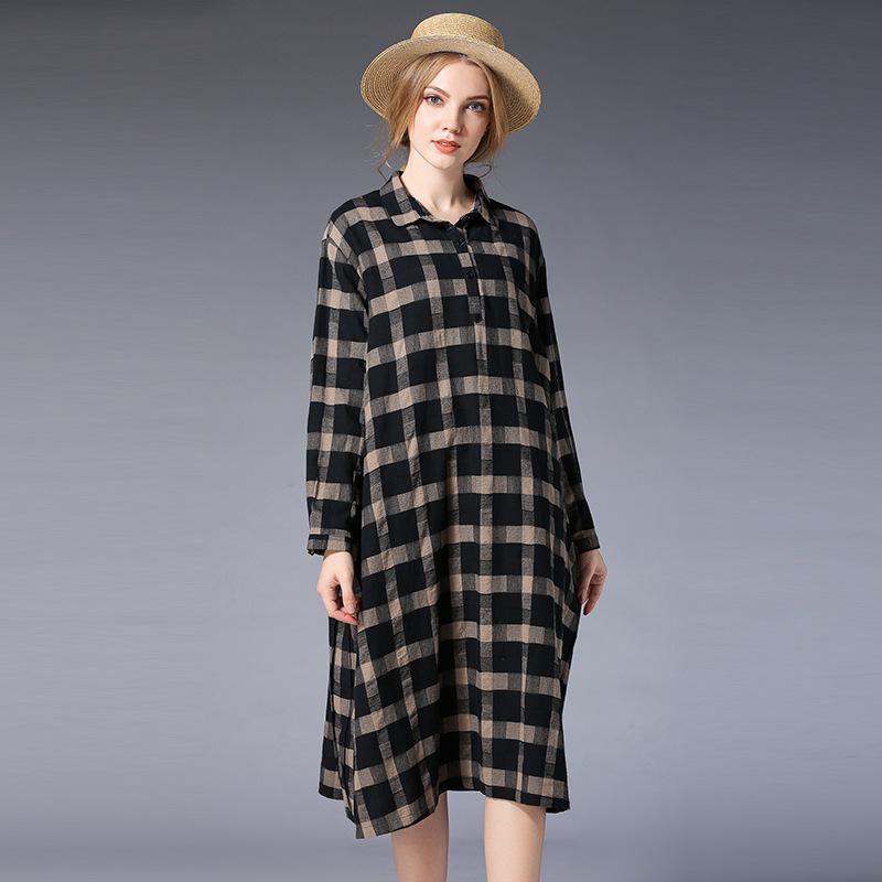 Plus Size Women Plaid Shirt Long Sleeve Dress