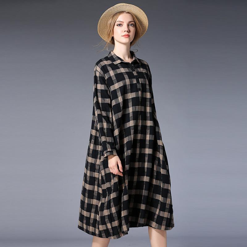 Plus Size Women Plaid Shirt Long Sleeve Dress