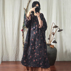 Plus Suze Retro Autumn Floral Printed Linen Dress