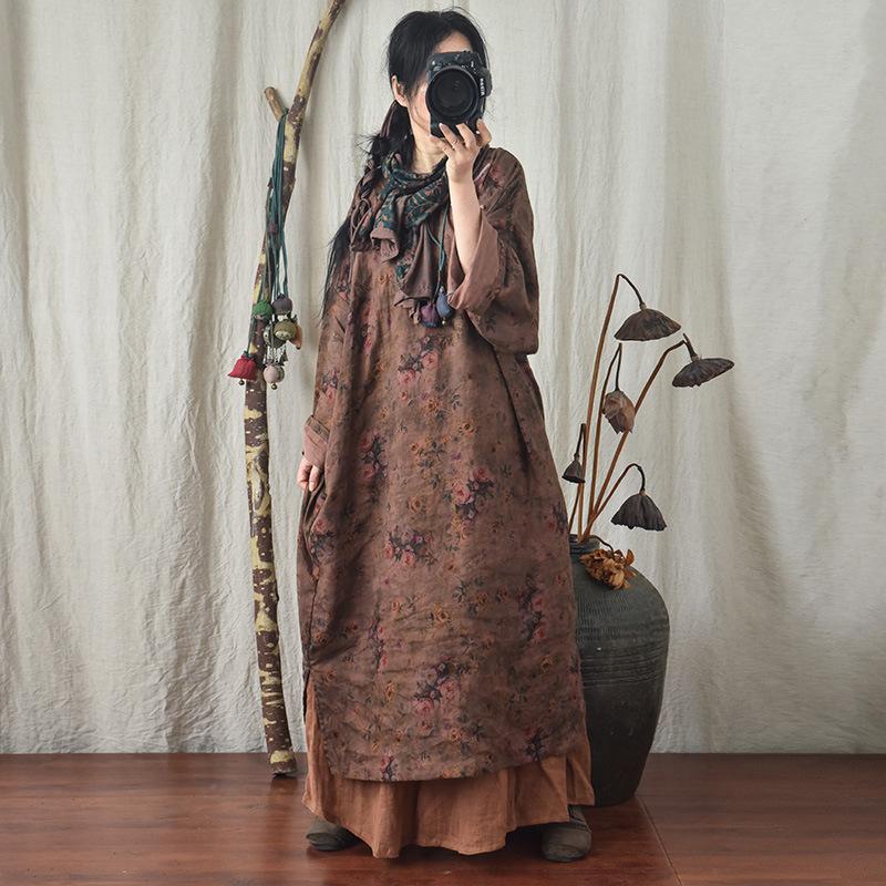 Plus Suze Retro Autumn Floral Printed Linen Dress