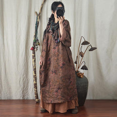 Plus Suze Retro Autumn Floral Printed Linen Dress