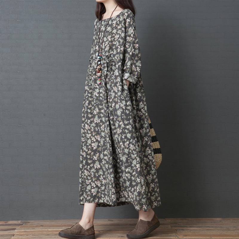 Printed Buttoned Loose Gathered Comfortable Long Sleeve Dress