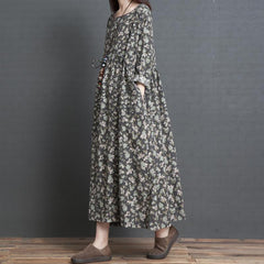 Printed Buttoned Loose Gathered Comfortable Long Sleeve Dress