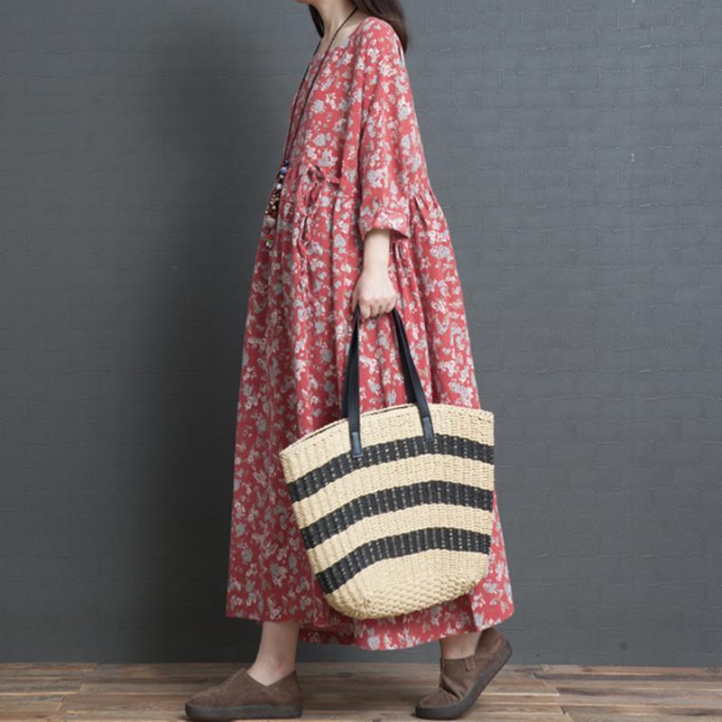 Printed Buttoned Loose Gathered Comfortable Long Sleeve Dress