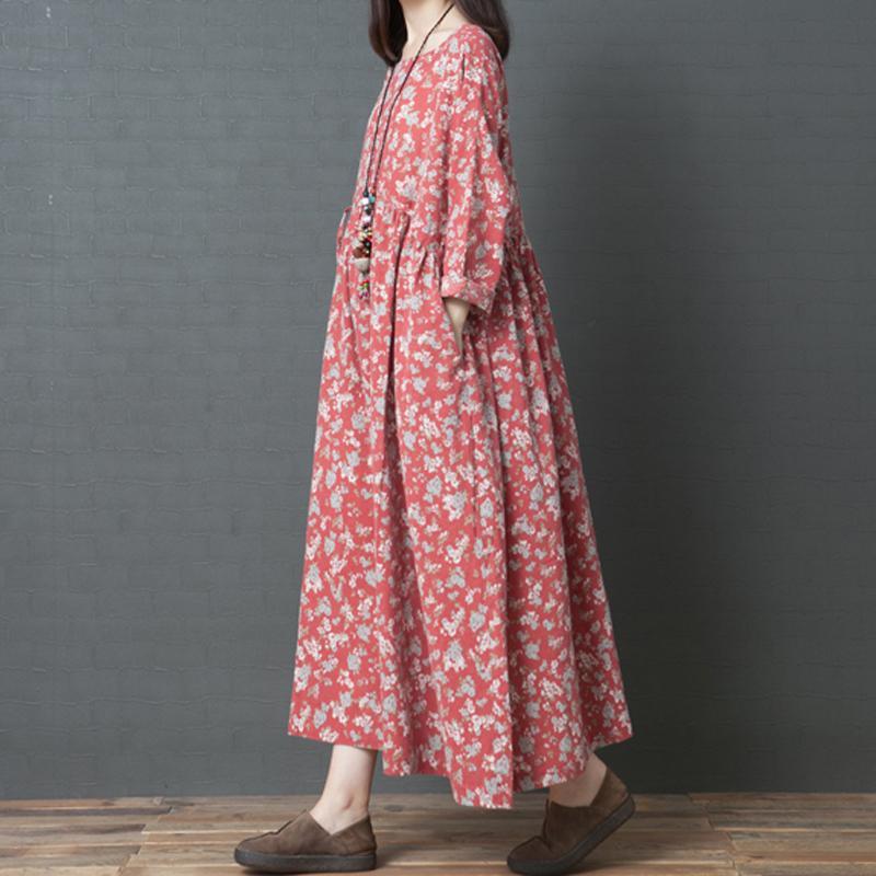 Printed Buttoned Loose Gathered Comfortable Long Sleeve Dress