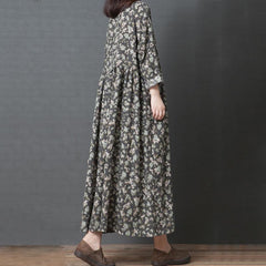 Printed Buttoned Loose Gathered Comfortable Long Sleeve Dress