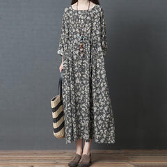 Printed Buttoned Loose Gathered Comfortable Long Sleeve Dress