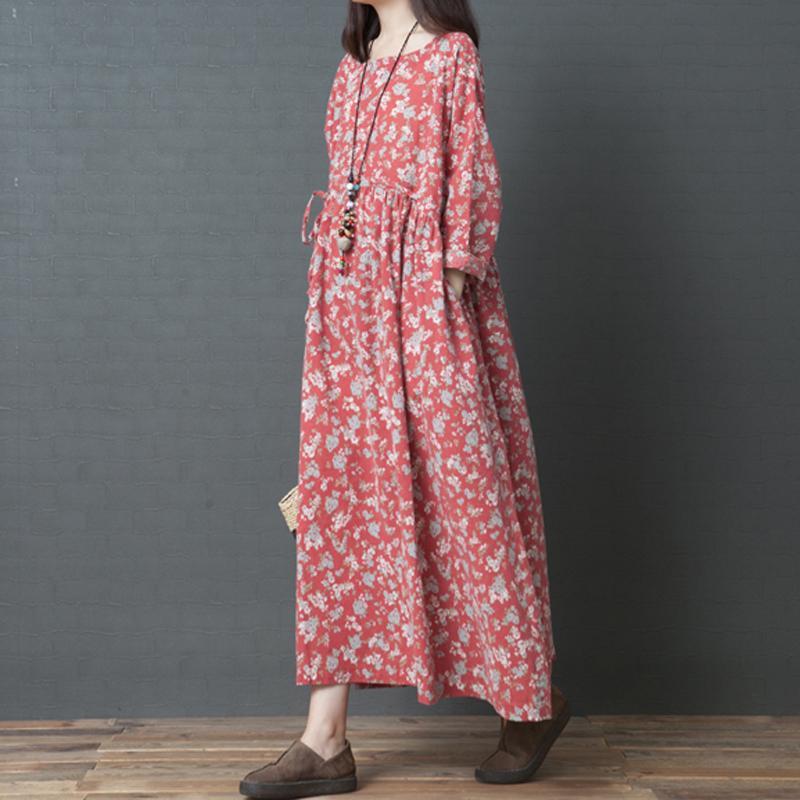 Printed Buttoned Loose Gathered Comfortable Long Sleeve Dress