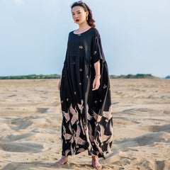 Printed Folk Style Casual Loose Maxi Short Sleeve Dress For Women