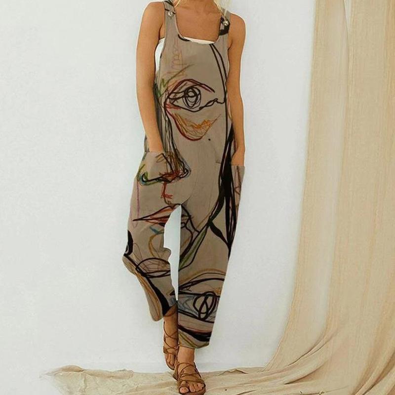 Printed Loose Cotton Linen Strap Button Jumpsuit