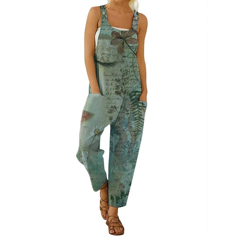 Printed Loose Cotton Linen Strap Button Jumpsuit