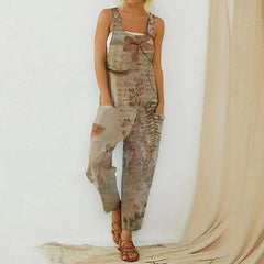 Printed Loose Cotton Linen Strap Button Jumpsuit