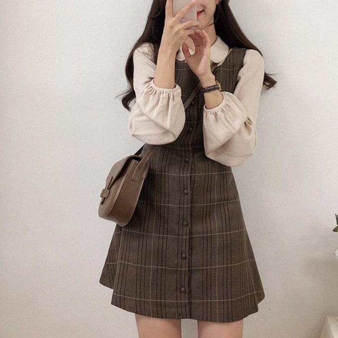 Cute Plaid Vintage Pinafore Mini Dress 2 Pieces