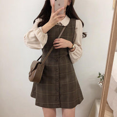 Cute Plaid Vintage Pinafore Mini Dress 2 Pieces