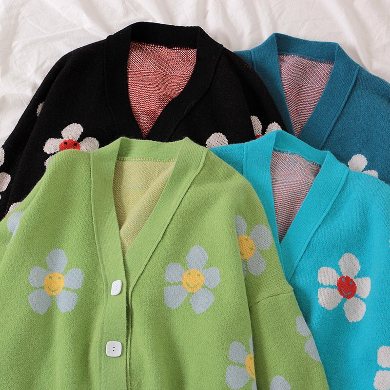 Preppy Style Floral Knitted Cardigans