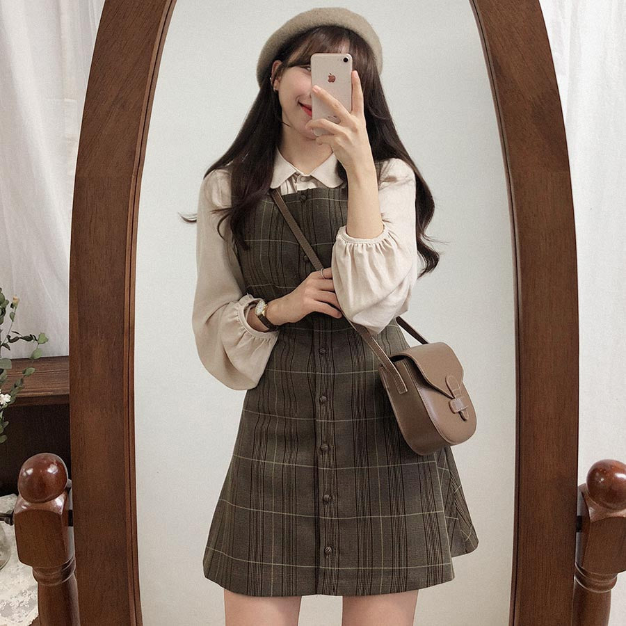 Cute Plaid Vintage Pinafore Mini Dress 2 Pieces