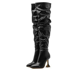 Pleated Leather Over The Knee Boots