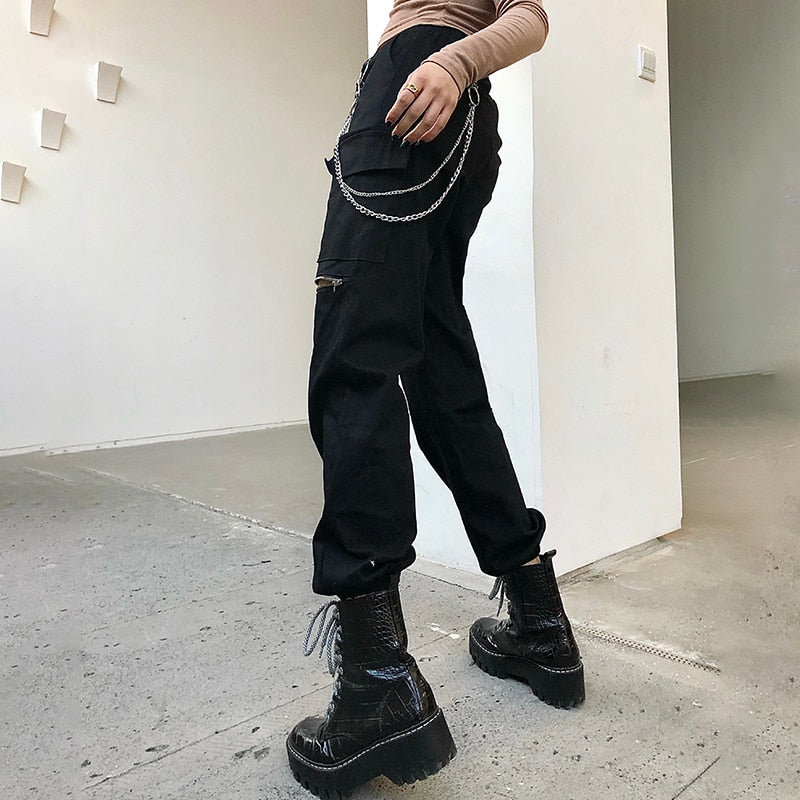 Alt E Girl Pantalones cargo góticos con cadena de metal negro