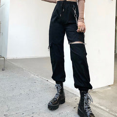 Alt E Girl Pantalones cargo góticos con cadena de metal negro