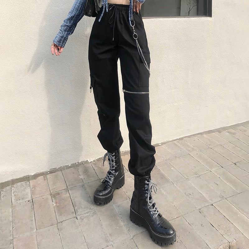 Alt E Girl Pantalones cargo góticos con cadena de metal negro