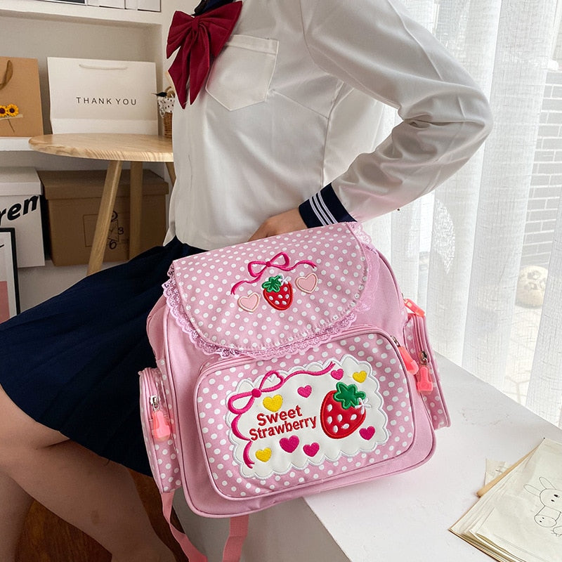 Pink Girl Embroidery Strawberry Schoolbag