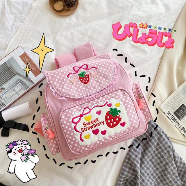 Pink Girl Embroidery Strawberry Schoolbag