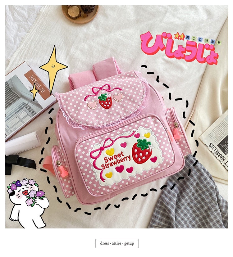 Pink Girl Embroidery Strawberry Schoolbag